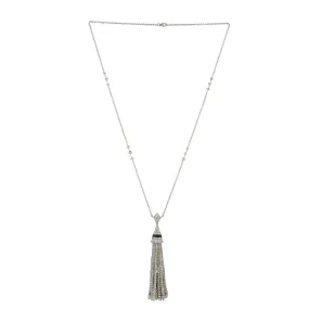 Faceted Beads Fancy Diamond Round Onyx Tassel Matinee Necklace In White Gold Sale