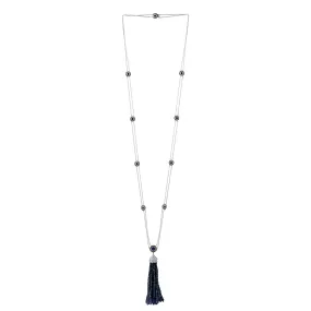 Faceted Blue Sapphire Beads Pave Diamond Tassel Opera Necklace In White Gold