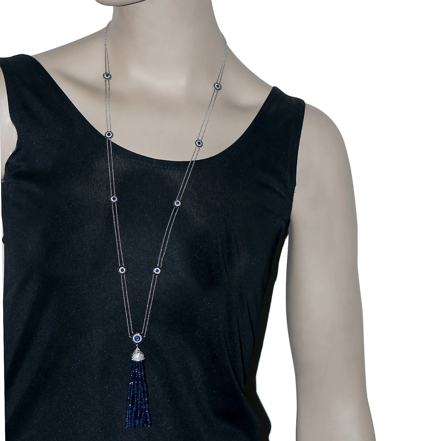 Faceted Blue Sapphire Beads Pave Diamond Tassel Opera Necklace In White Gold