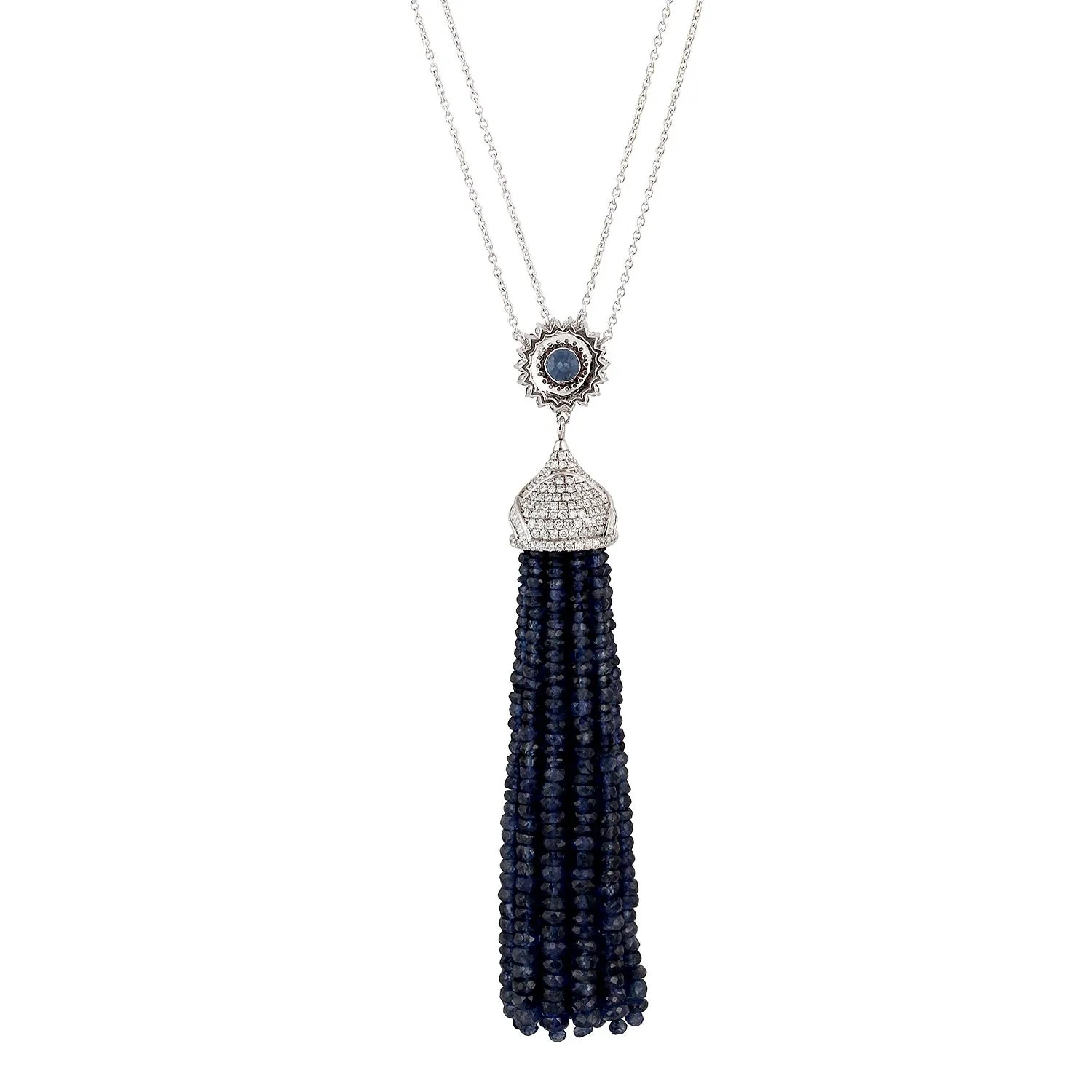 Faceted Blue Sapphire Beads Pave Diamond Tassel Opera Necklace In White Gold