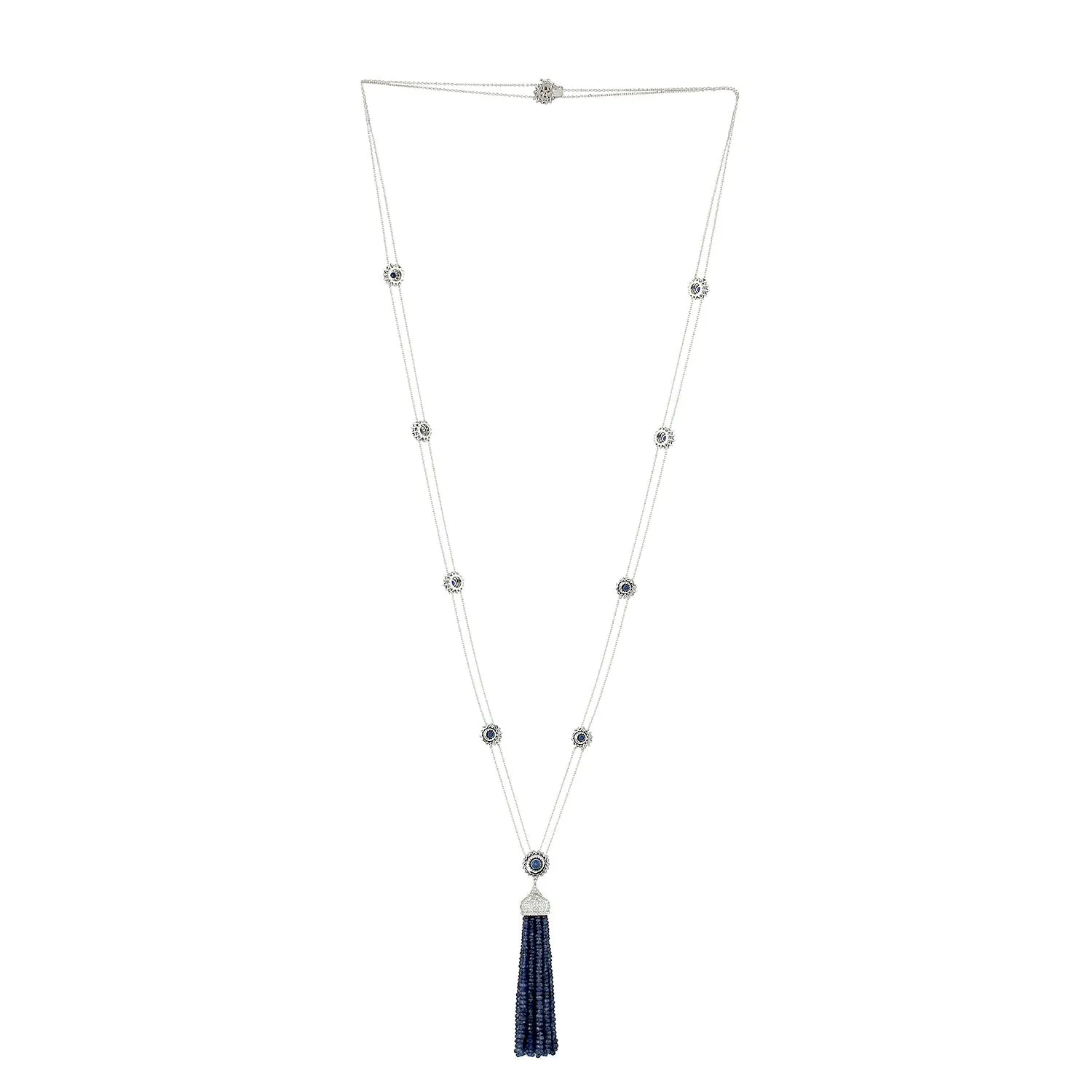 Faceted Blue Sapphire Beads Pave Diamond Tassel Opera Necklace In White Gold