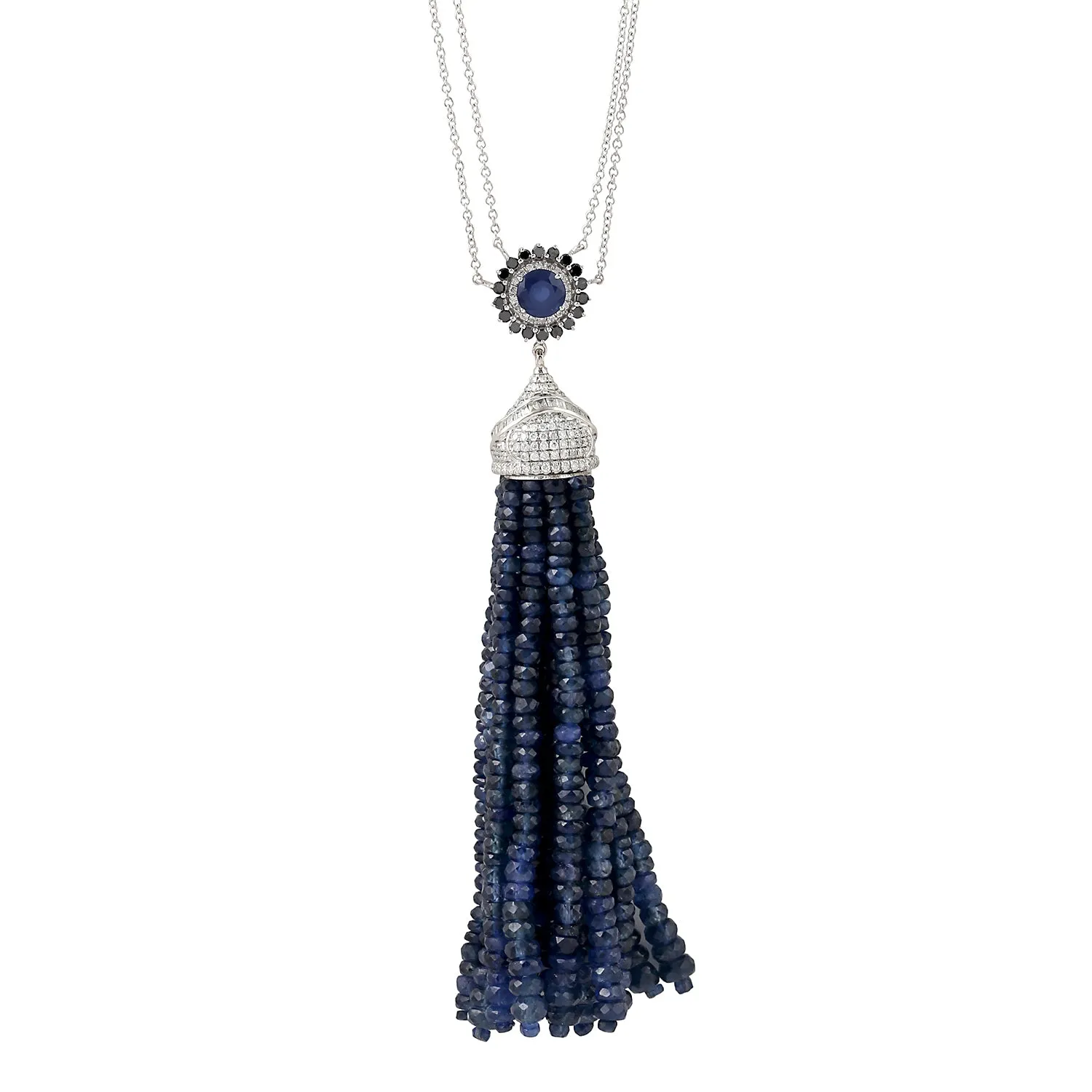 Faceted Blue Sapphire Beads Pave Diamond Tassel Opera Necklace In White Gold