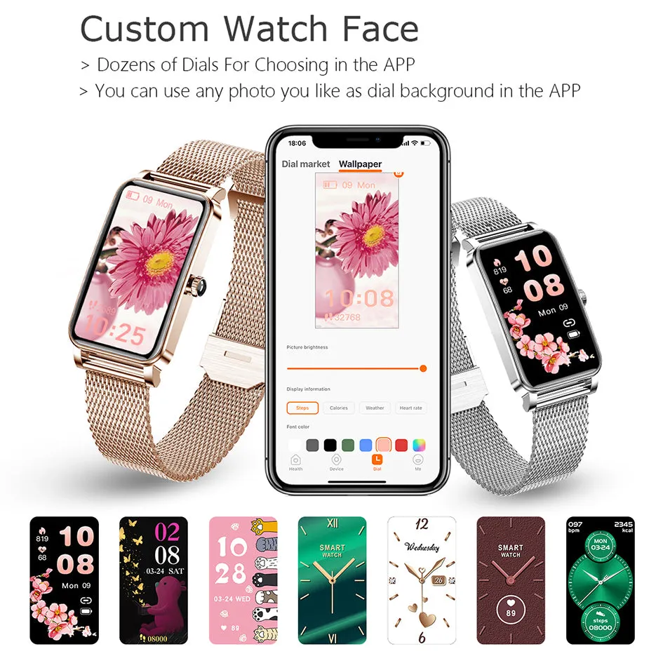 Fashion Women Smart Watch Custom Dial Full Touch Screen IP68 Waterproof Smartwatch for Woman Lovely Bracelet Heart Rate Monitor