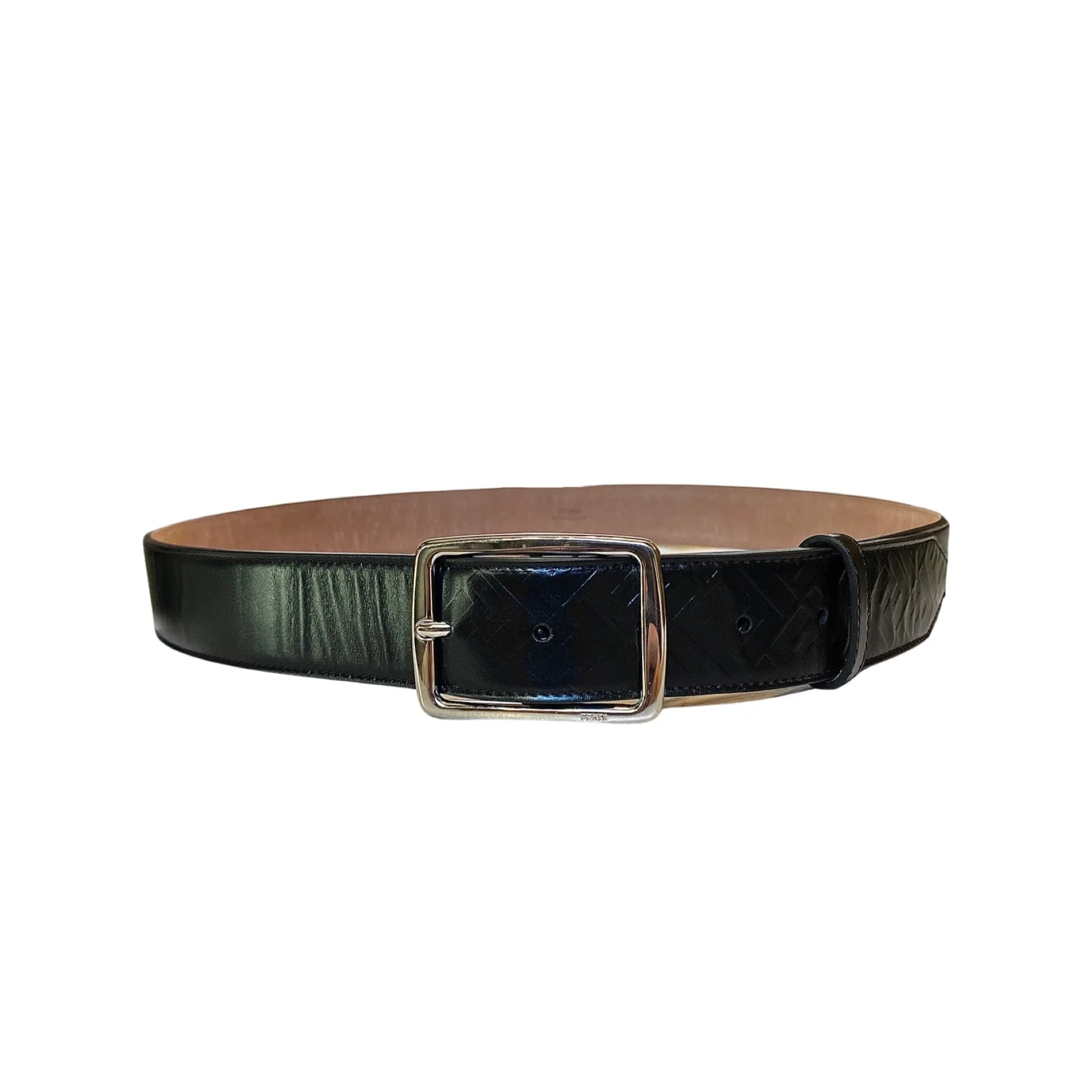 Fendi Mens Silver Buckle Smooth Black Calf Leather Belt 105