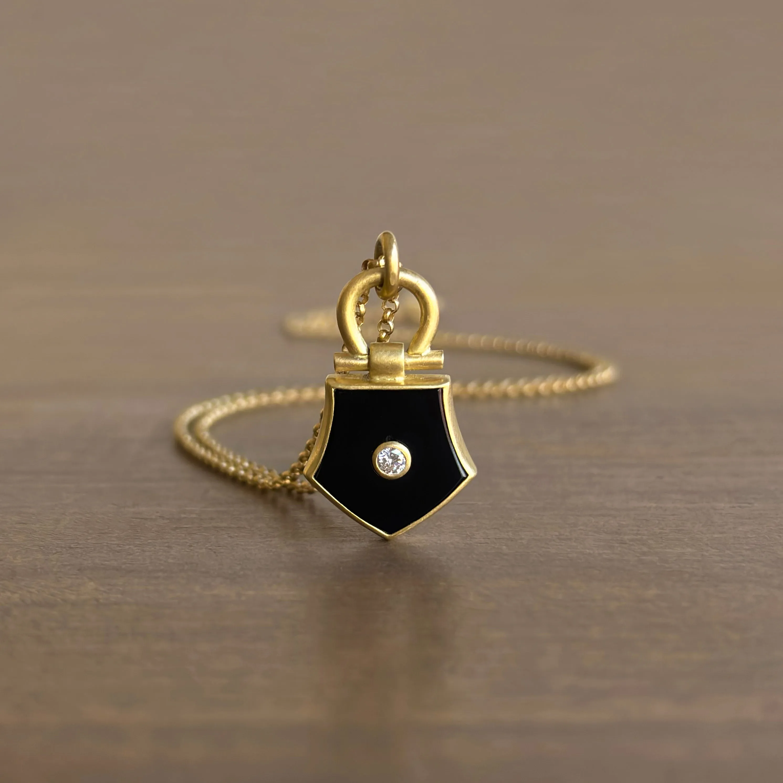 Flat Top Onyx Shield Pendant with Diamond