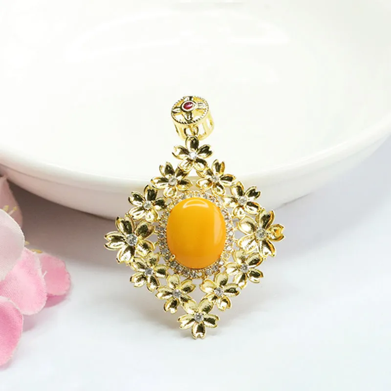 Floral Beeswax Amber Pendant Necklace with Sterling Silver Chain