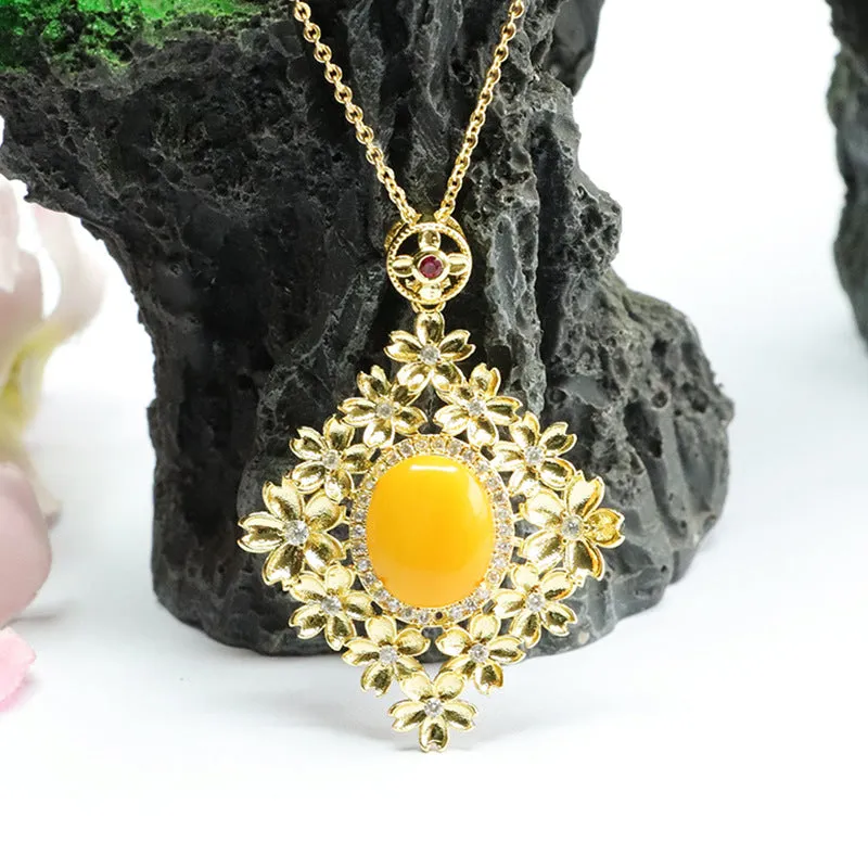 Floral Beeswax Amber Pendant Necklace with Sterling Silver Chain