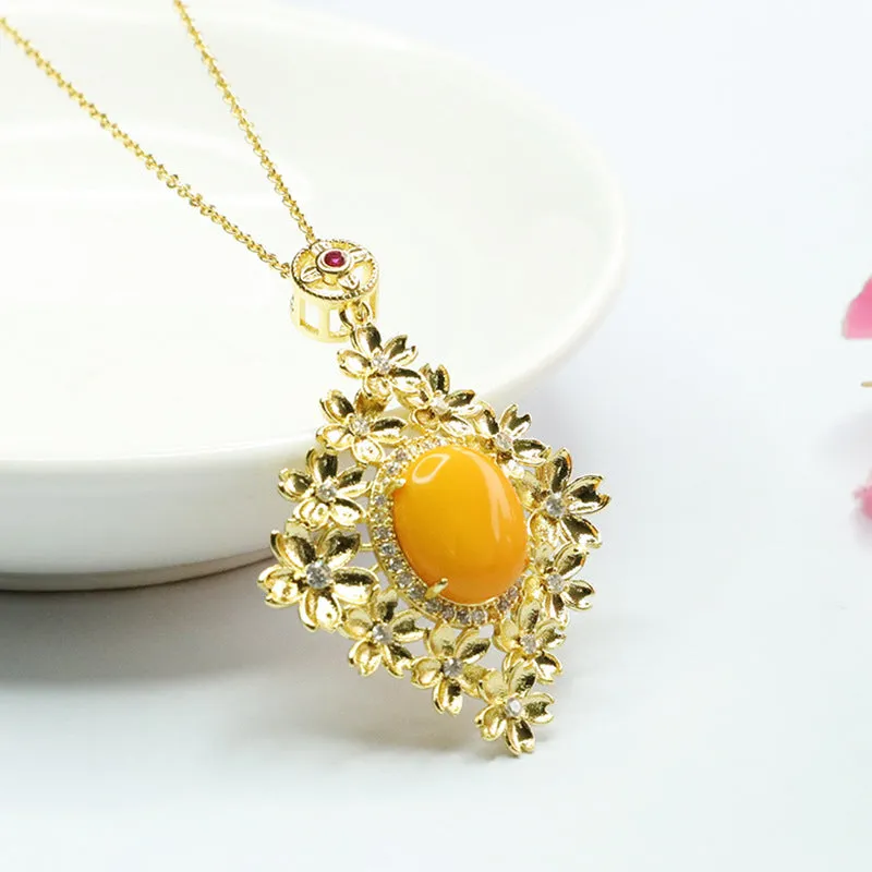 Floral Beeswax Amber Pendant Necklace with Sterling Silver Chain