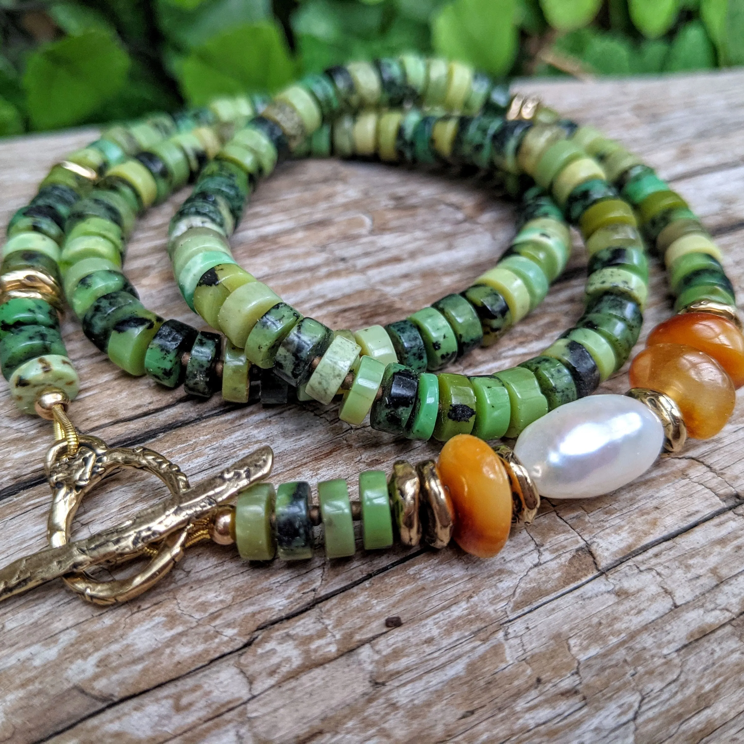 Forest Green Chrysoprase Necklace with Baltic Amber & Fresh Water Pearl