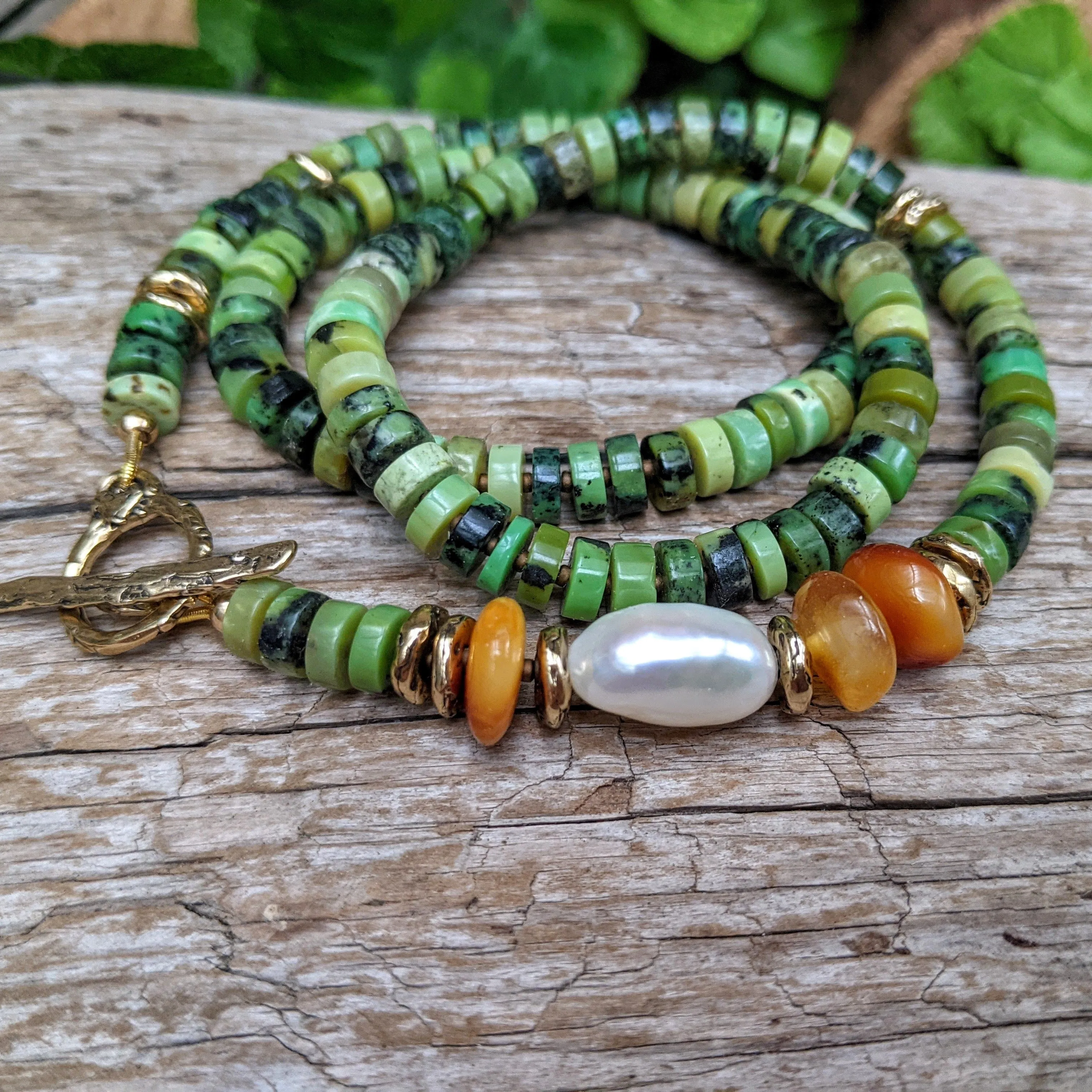 Forest Green Chrysoprase Necklace with Baltic Amber & Fresh Water Pearl