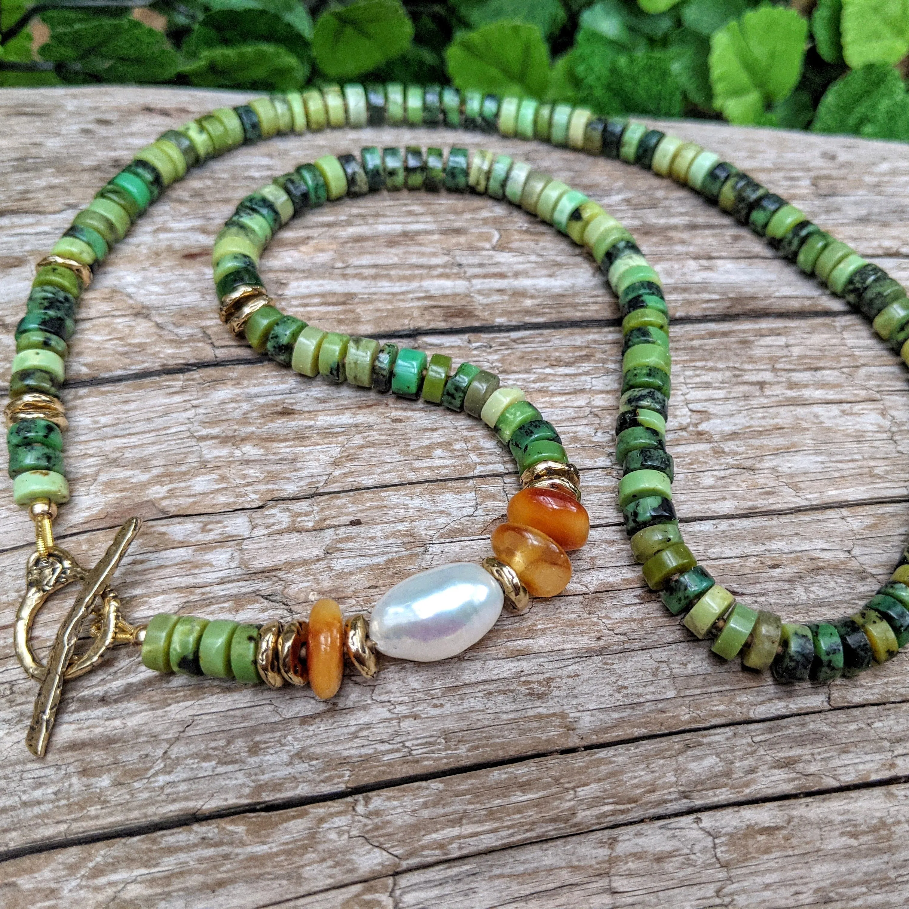 Forest Green Chrysoprase Necklace with Baltic Amber & Fresh Water Pearl