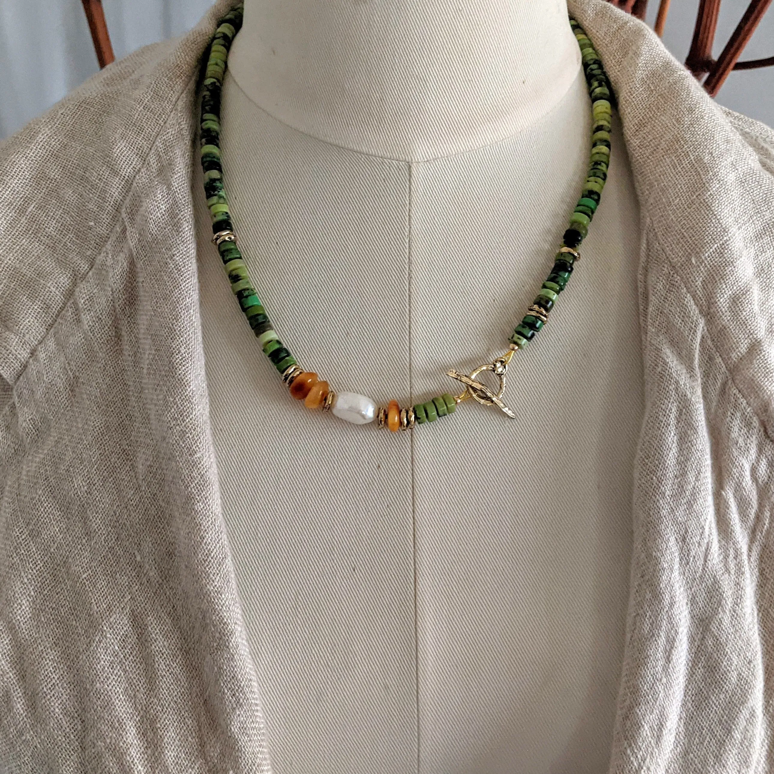 Forest Green Chrysoprase Necklace with Baltic Amber & Fresh Water Pearl