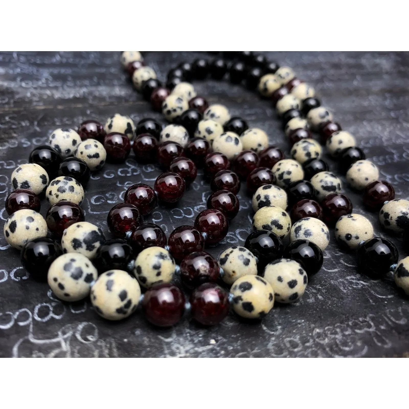 Garnet, Onyx & Dalmatian Jasper Knotted 8mm Mala with Silk Tassel #13