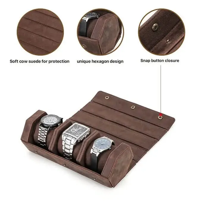 Genuine Leather Hexagon Watch Roll Travel Case For 3 Watches