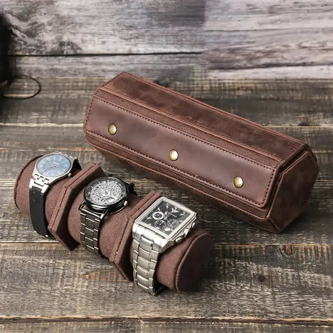 Genuine Leather Hexagon Watch Roll Travel Case For 3 Watches