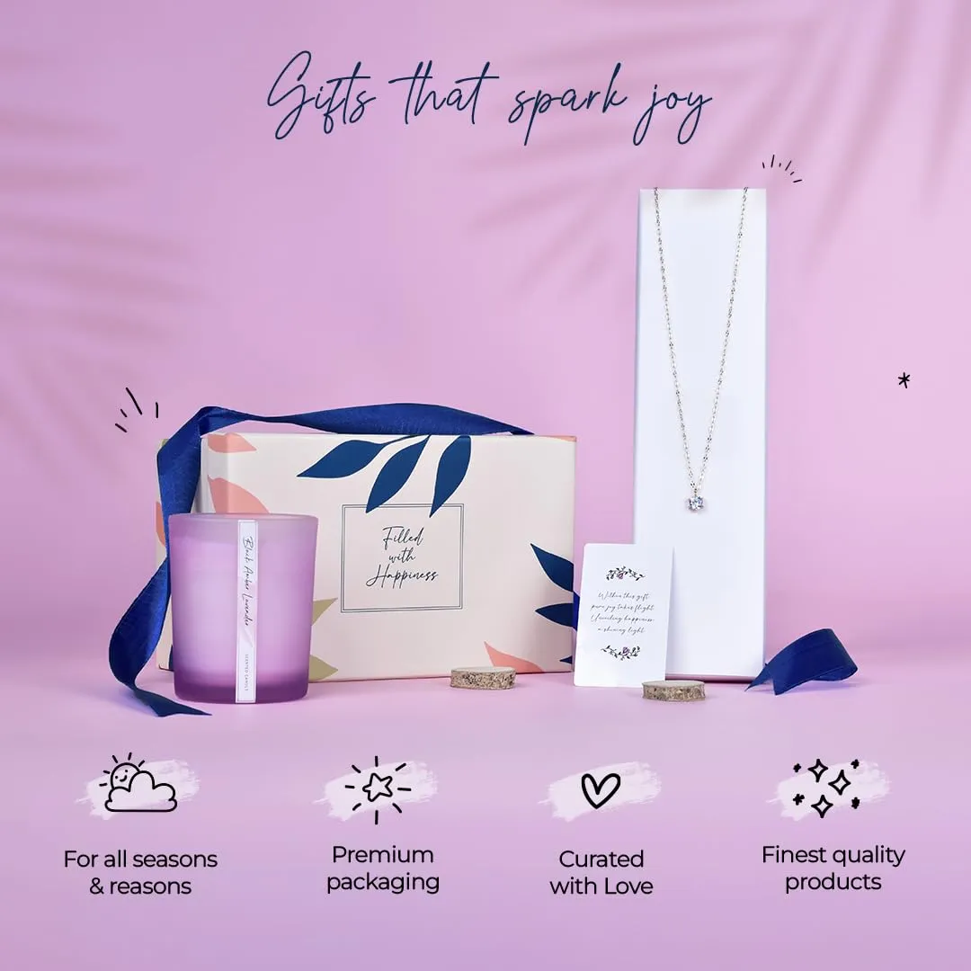 Gleevers Gift Set for Women |Gift Box of 2 with Candle (Black Amber Lavender,250g) & Stone Pendant Necklace|Birthday Gift,Anniversary Gift,Valentine Gift,Secret Santa Gifts