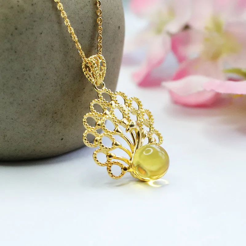 Gold Amber Peacock Necklace with Sterling Silver Chain