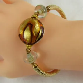 Gold & Brown Artisan Bead Gold Bangle Bracelet