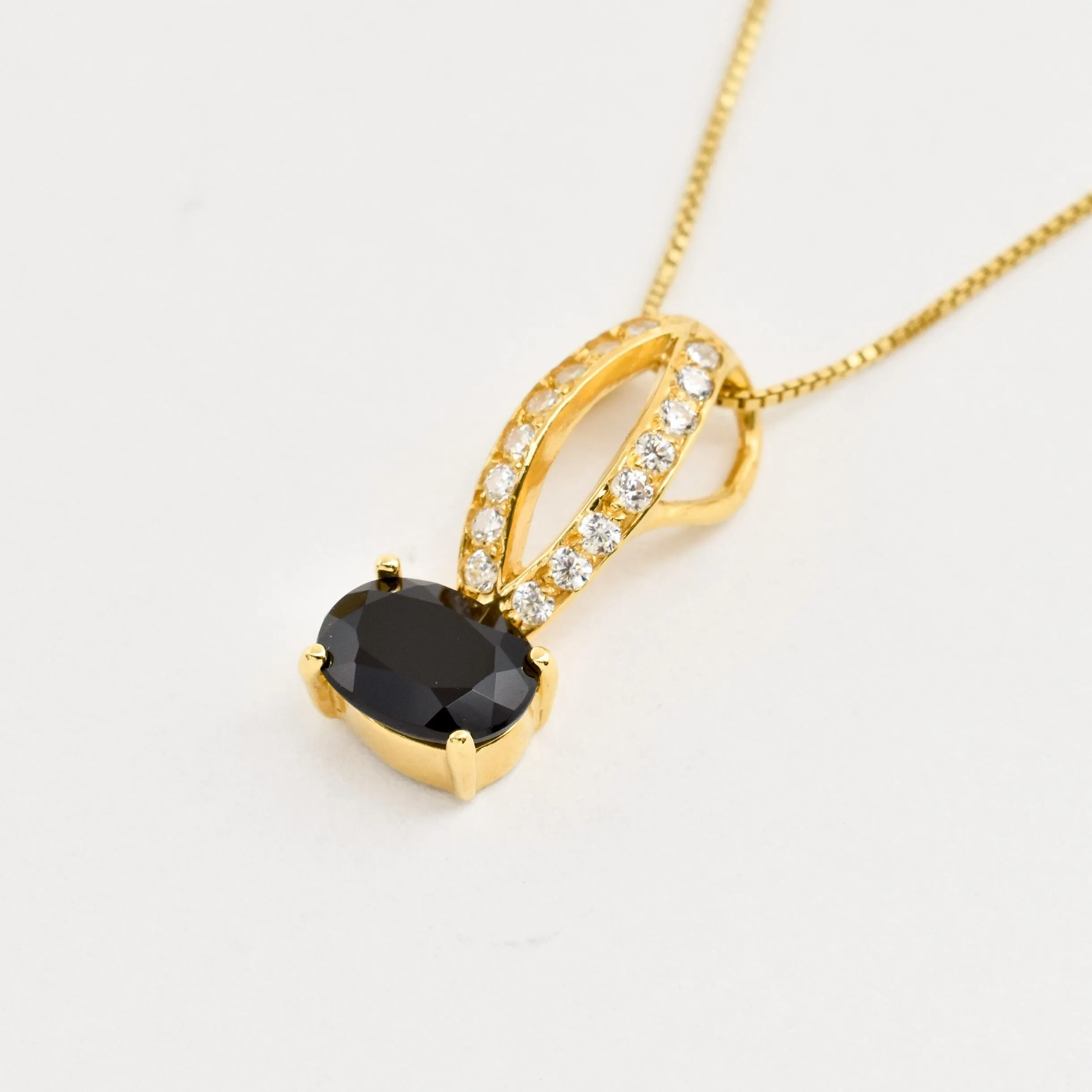 Gold Onyx Pendant - Long Vintage Necklace - Black Oval Necklace