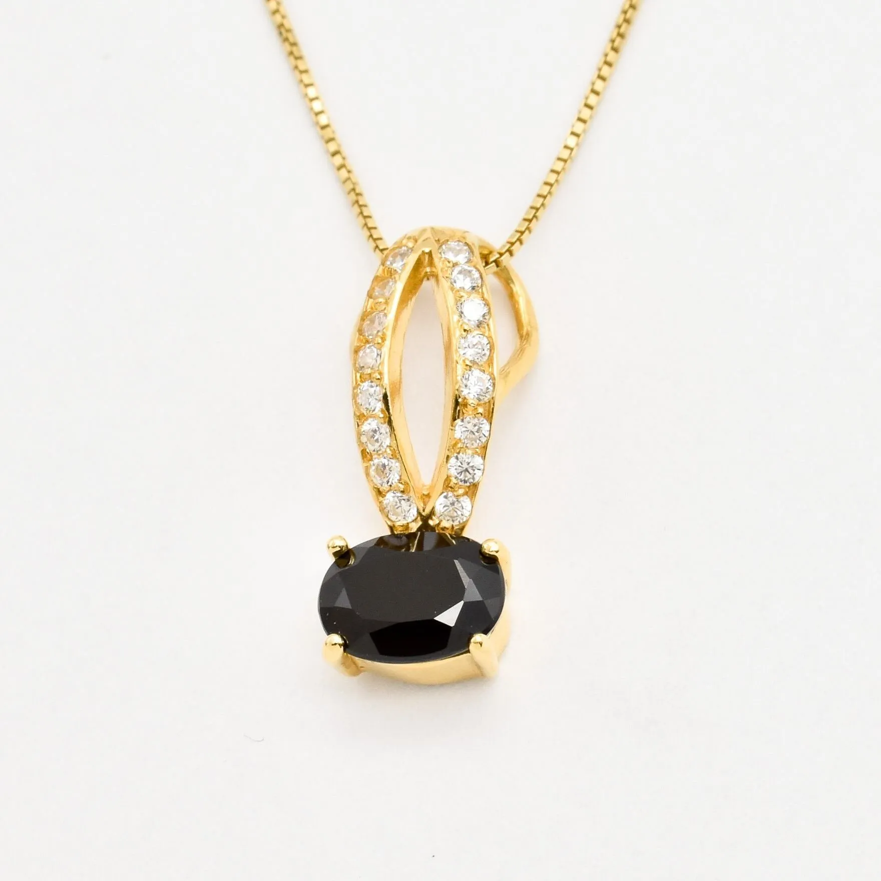 Gold Onyx Pendant - Long Vintage Necklace - Black Oval Necklace