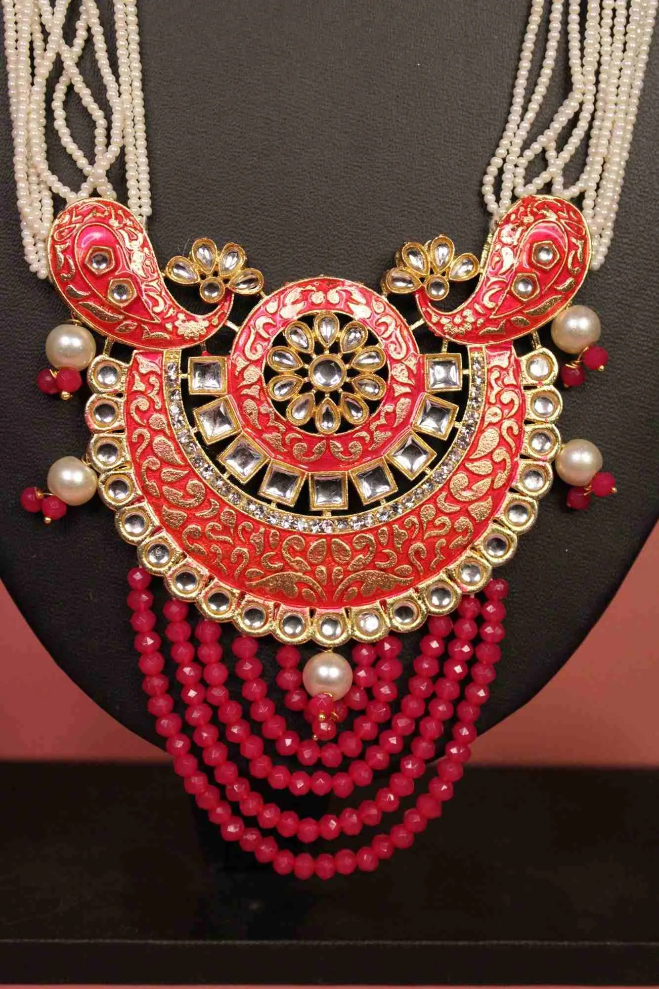 Gold Plated Pearls & Onyx Stones Studded Meenakari Work Jewelry Set