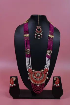 Gold Plated Pearls & Onyx Stones Studded Meenakari Work Jewelry Set