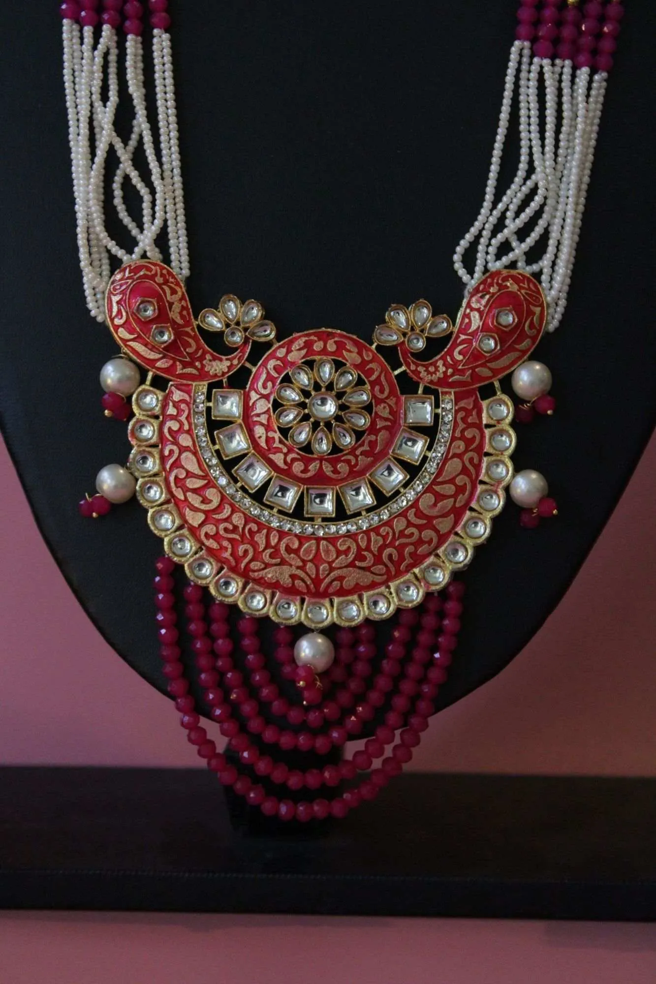 Gold Plated Pearls & Onyx Stones Studded Meenakari Work Jewelry Set