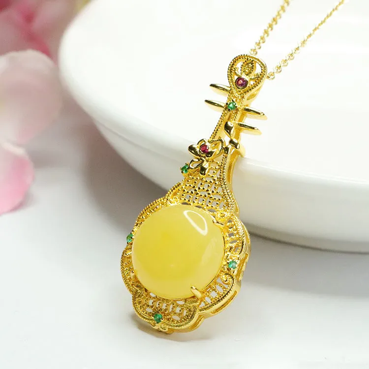 Golden Pipa Necklace with Natural Round Amber Beeswax Pendant - Traditional Chinese Jewelry