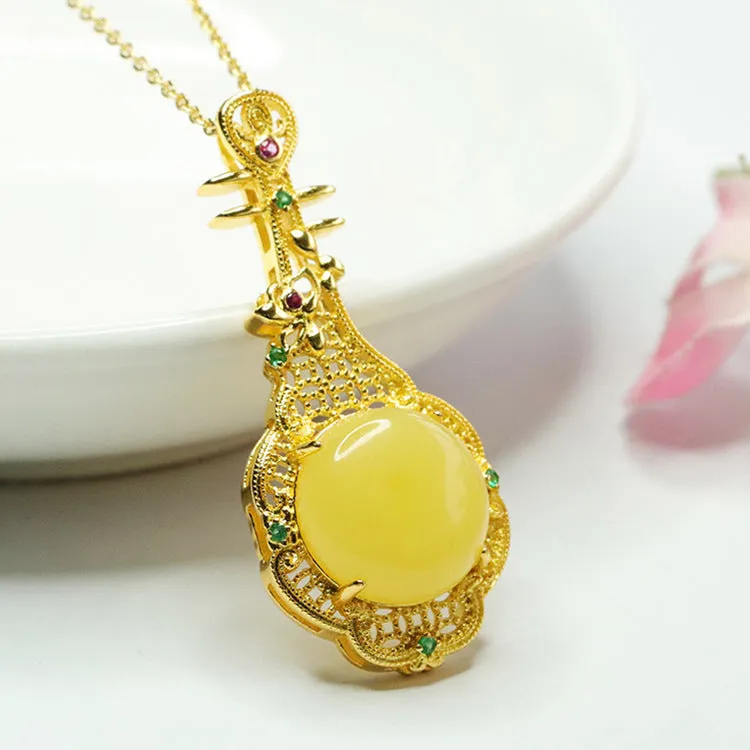 Golden Pipa Necklace with Natural Round Amber Beeswax Pendant - Traditional Chinese Jewelry