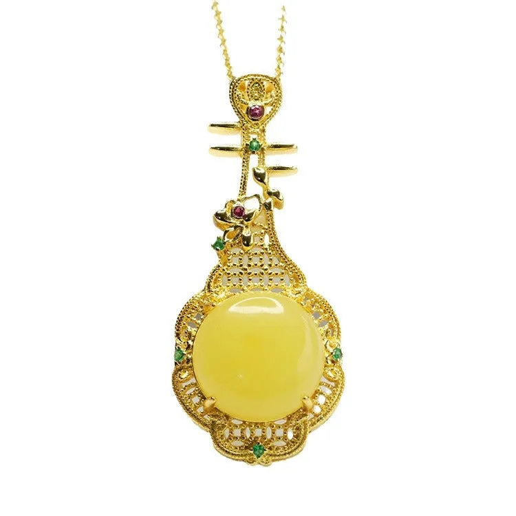 Golden Pipa Necklace with Natural Round Amber Beeswax Pendant - Traditional Chinese Jewelry