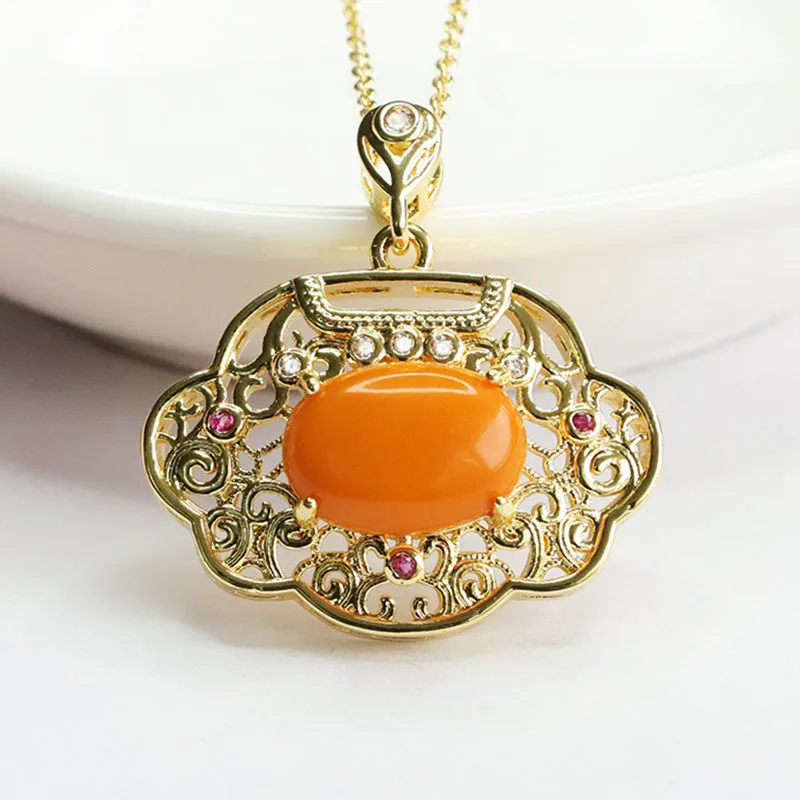 Golden Ruyi Beeswax Amber Pendant in Sterling Silver