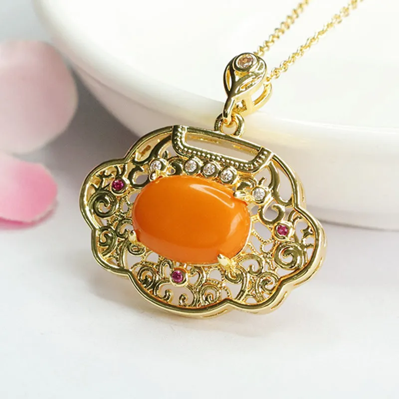 Golden Ruyi Beeswax Amber Pendant in Sterling Silver