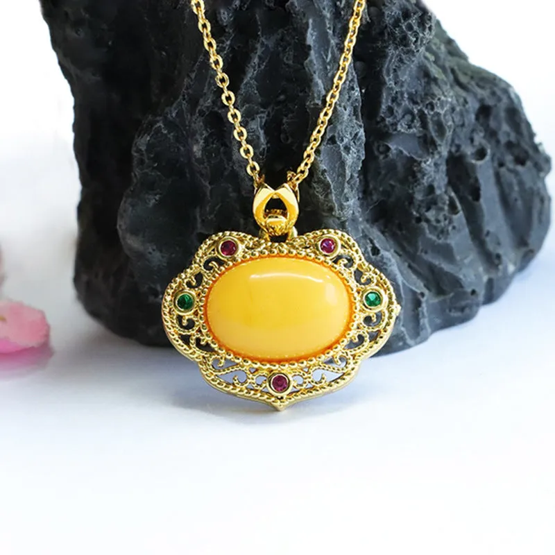 Golden Ruyi Necklace with Beeswax Amber and Zircon