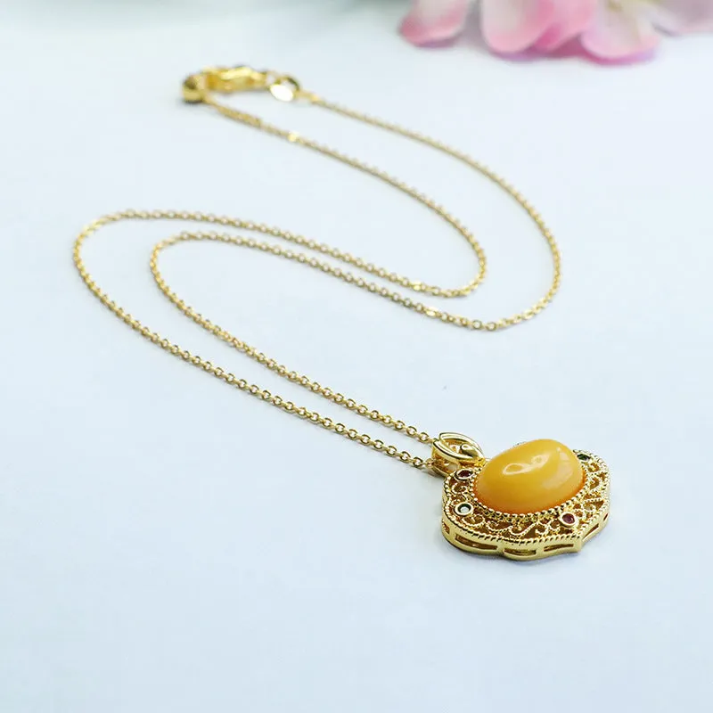 Golden Ruyi Necklace with Beeswax Amber and Zircon