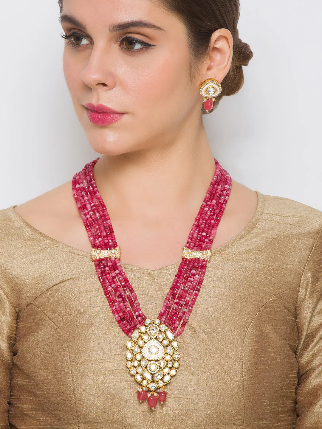 Golden, Tomato Red, Crème, Kundan Polki, Necklace Set