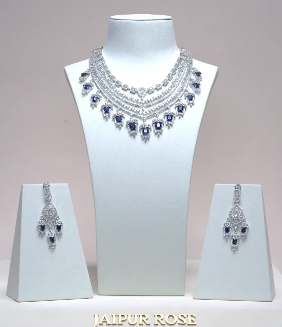 Grace Chandelier Statement Necklace Set Designer White Gold Sapphire Blue Plated Fashion Jewelry by Jaipur Rose Indian Jewelry Online (Copy)