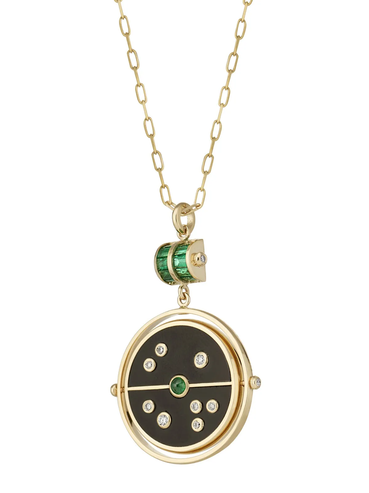 Grandfather Black Onyx and Emerald Compass Yellow Gold Pendant Necklace