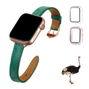 Green Flat Ostrich Leather Band Compatible Apple Watch Iwatch 49mm Screen Protector Case Gold Adapter Replacement Strap For Smartwatch Series 7 8 Leather Handmade AW-188G-W-49MM