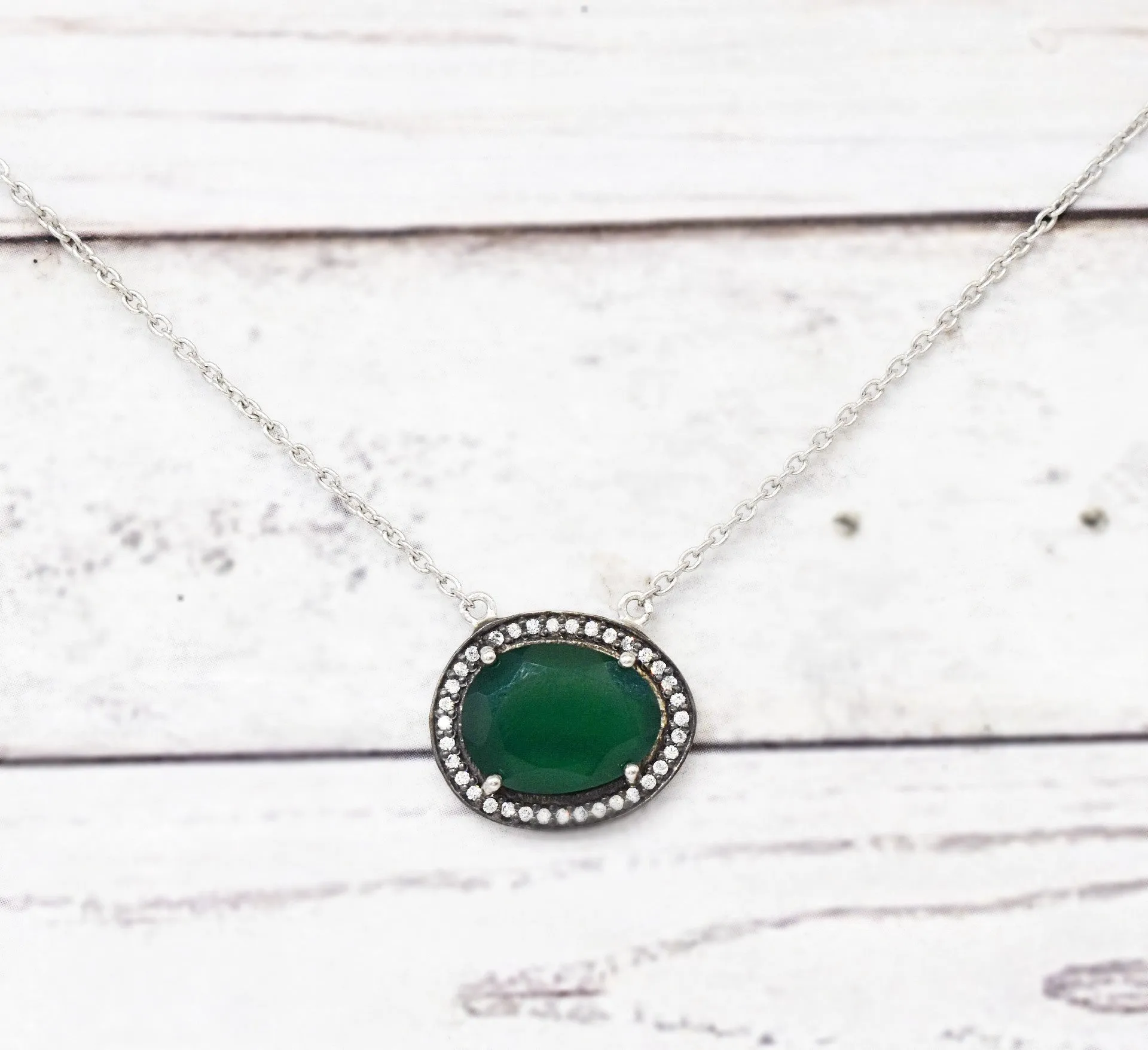 Green Onyx oval shaped Cubic Zirconia Neckwear