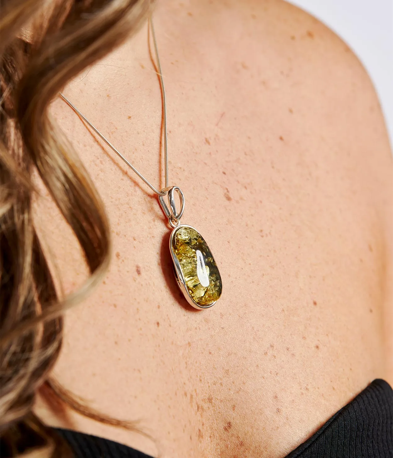 Green Tidal Pendant Necklace - Elegant Baltic Amber & Sterling Silver