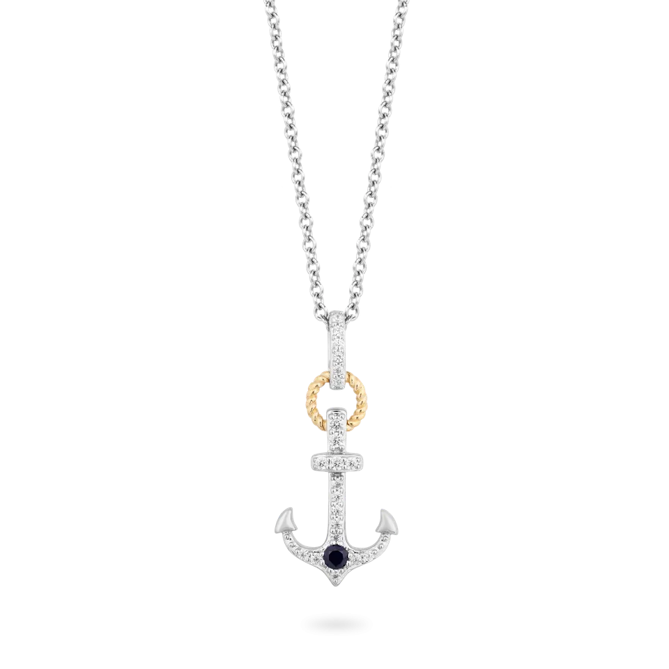 Hallmark Fine Jewelry Anchor Pendant in Sterling Silver and 14K Yellow Gold with Created Sapphire and Diamonds