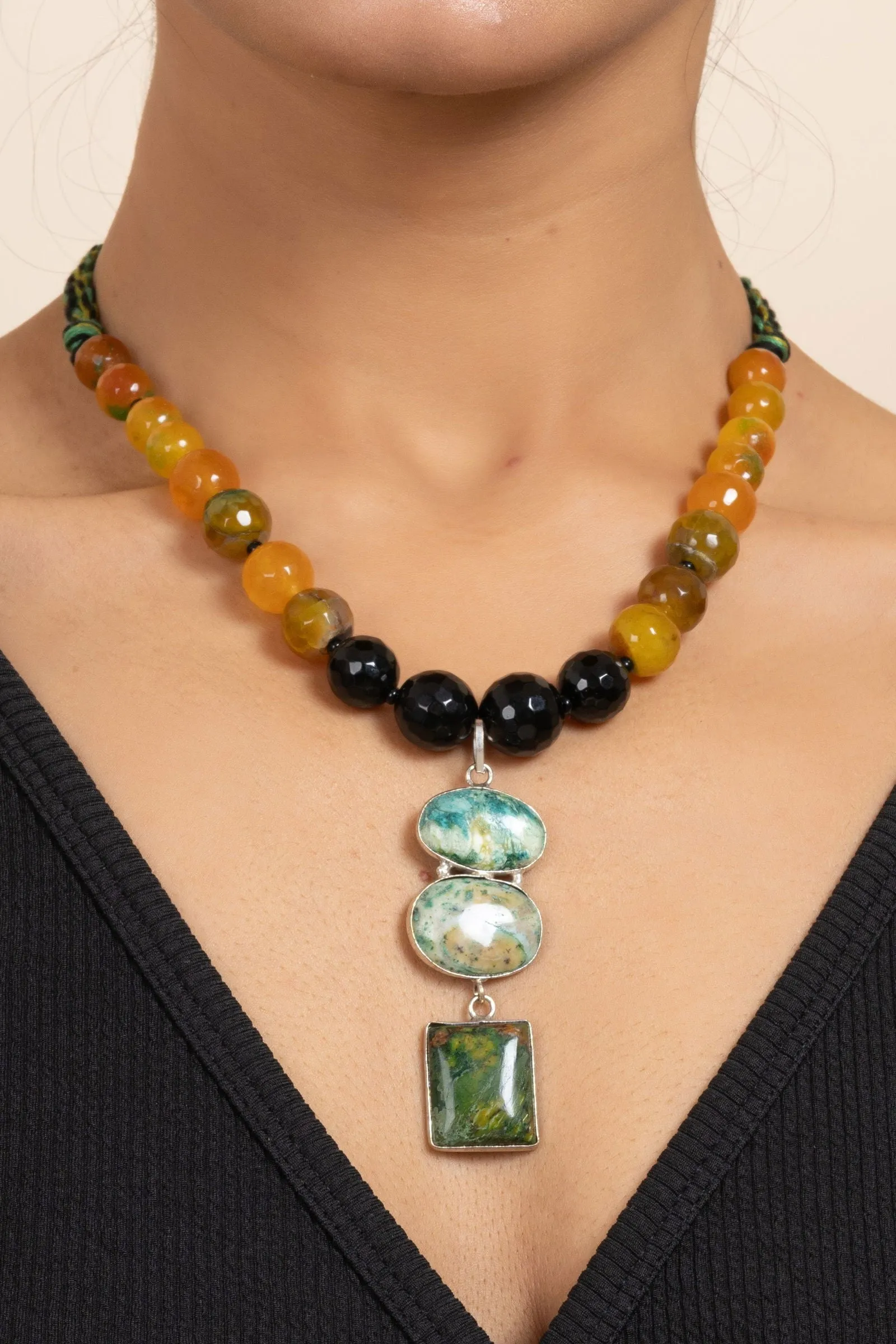 Handmade Green Black Yellow Semi-Precious Agate Onyx Necklace with Matching Earrings Jewelry Set