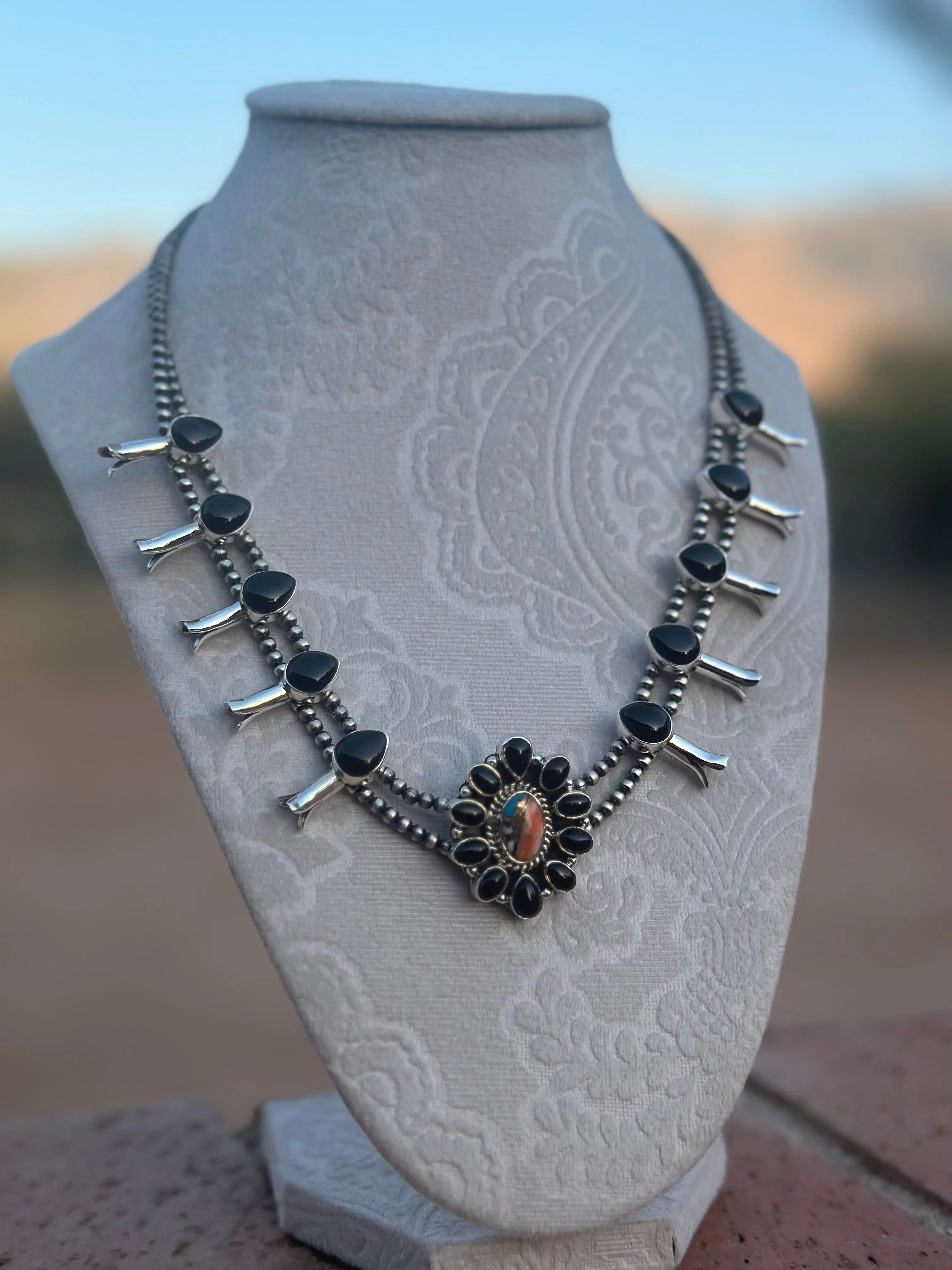 Handmade Sterling Silver, Onyx and Spice Mini Squash Necklace, Signed Nizhoni