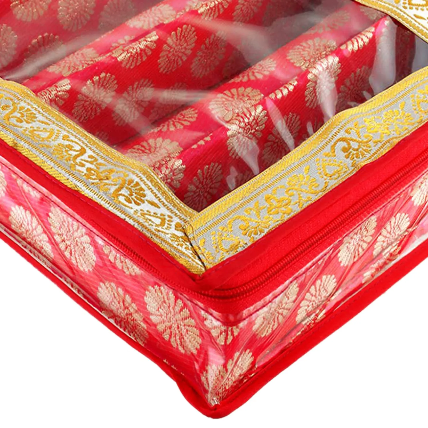 Heart Home Multipurpose Ornament Circle Design Laminated 5 Rod Bangle Box/Organizer/Case With Tranasparent Top (Red)-47HH0425