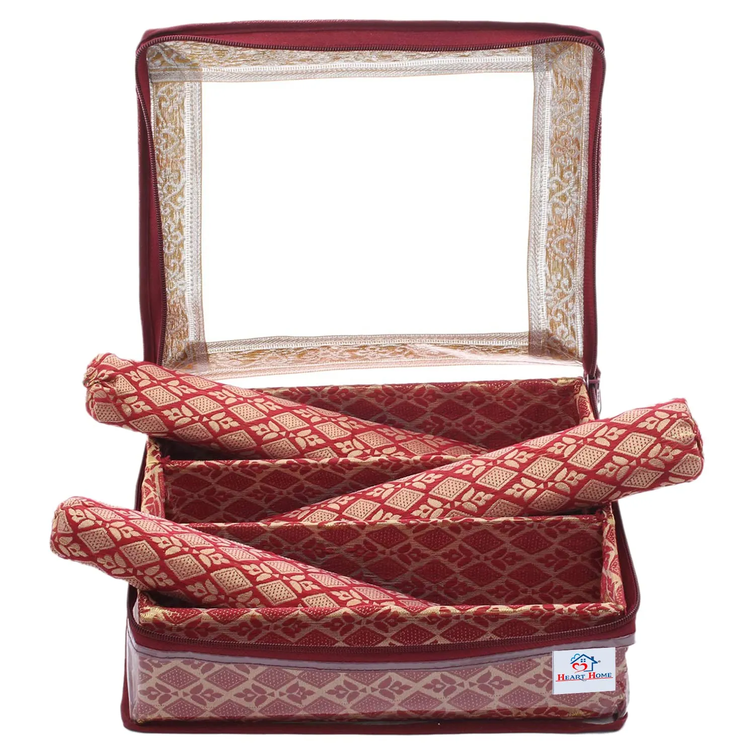 Heart Home Multipurpose Tribal Design Laminated 3 Rod Bangle Box/Organizer/Case With Tranasparent Top (Maroon)-47HH0513