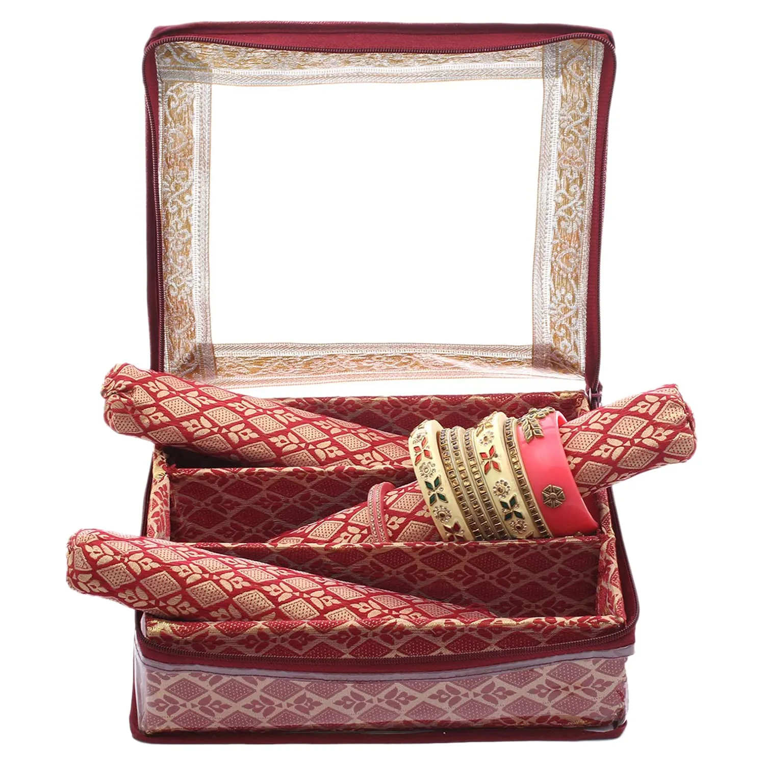 Heart Home Multipurpose Tribal Design Laminated 3 Rod Bangle Box/Organizer/Case With Tranasparent Top (Maroon)-47HH0513