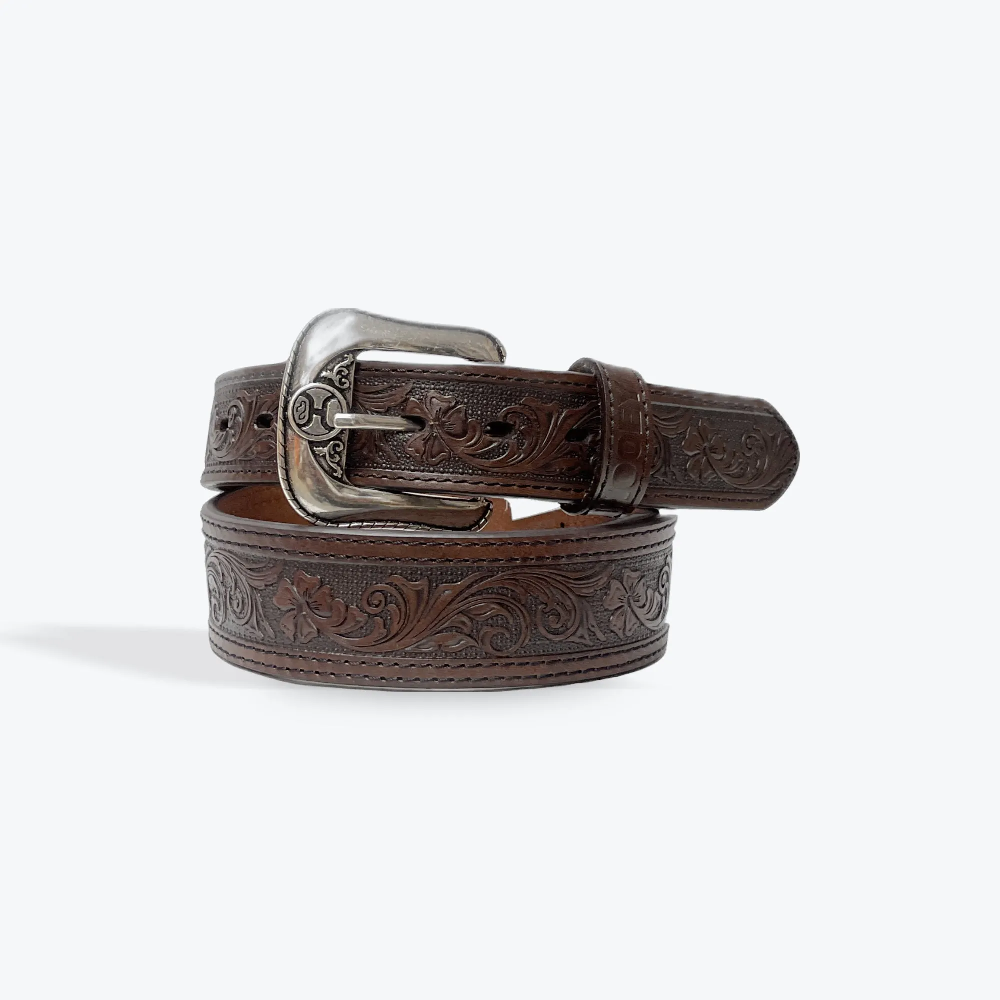 HOOEY Brown Leather Belt Embossed w/ Double Welt Edge