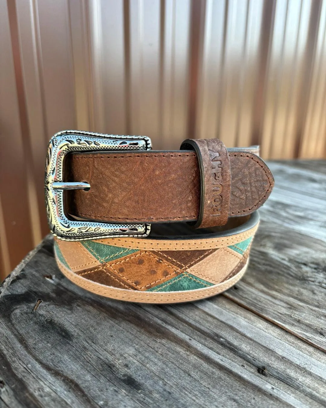 Hooey Ouray Roughy Tan Turquoise Patchwork Tapered Leather Belt RMBLT054