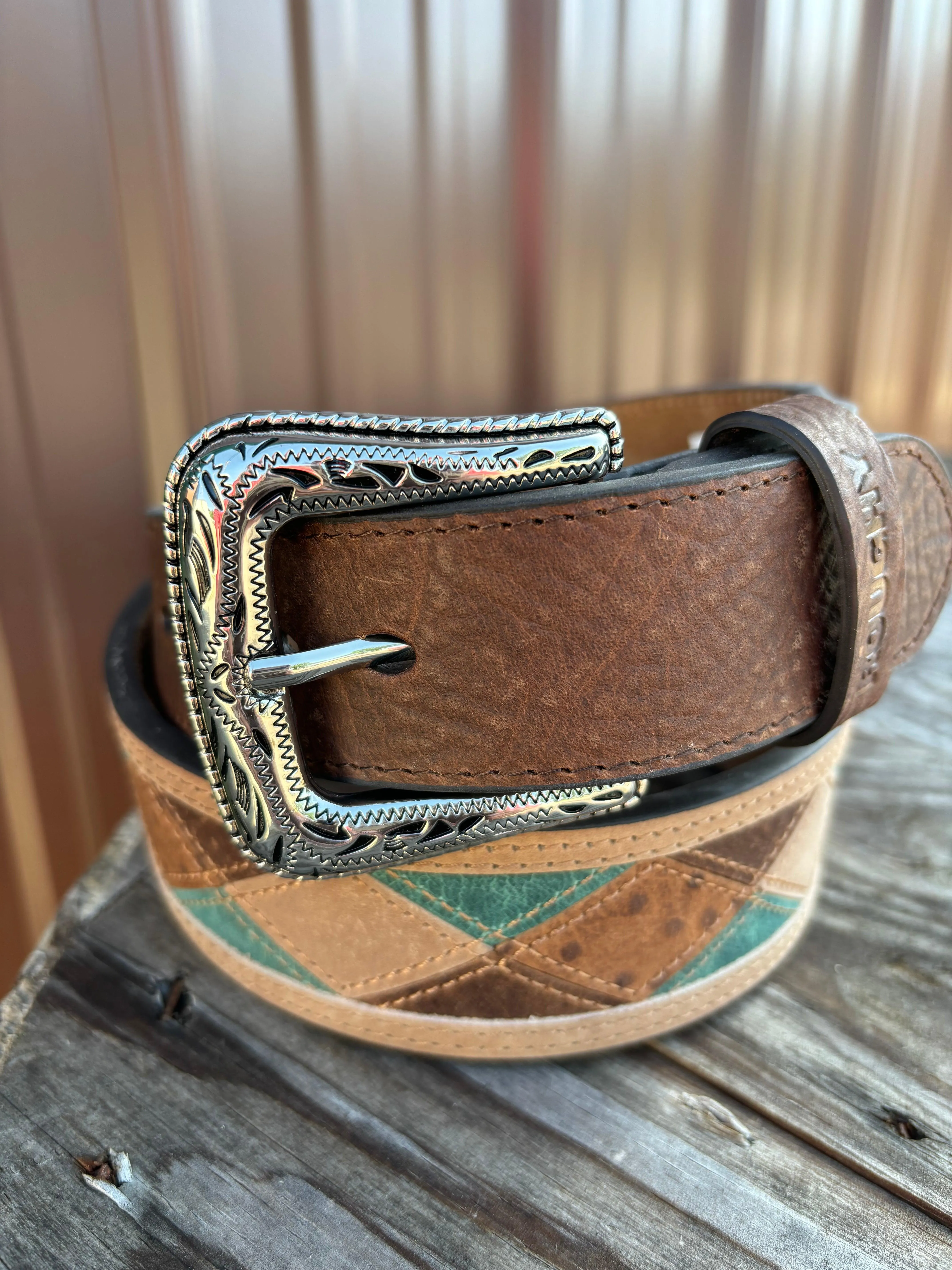 Hooey Ouray Roughy Tan Turquoise Patchwork Tapered Leather Belt RMBLT054