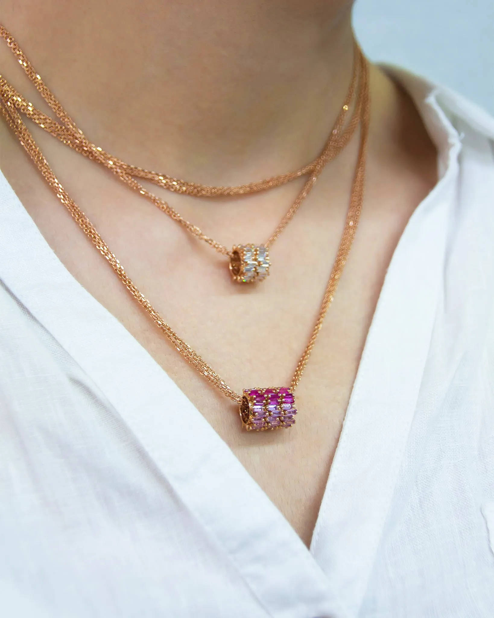 Infinite Triple Row Pink Ombre Sapphire & Diamond Rondelle Pendant